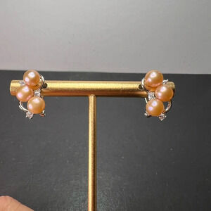 Pink Freshwater and CZ Rhodium Over Sterling Silver Earrings with omega backs